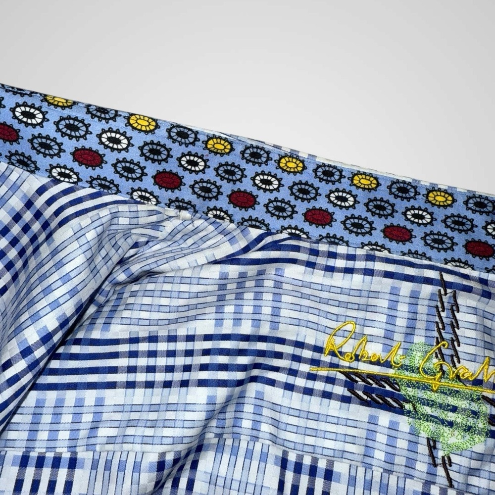 Robert Graham Shirt Mens XL Blue Plaid Check Long Sleeve Funky Crazy Flip Cuff - Picture 10 of 14